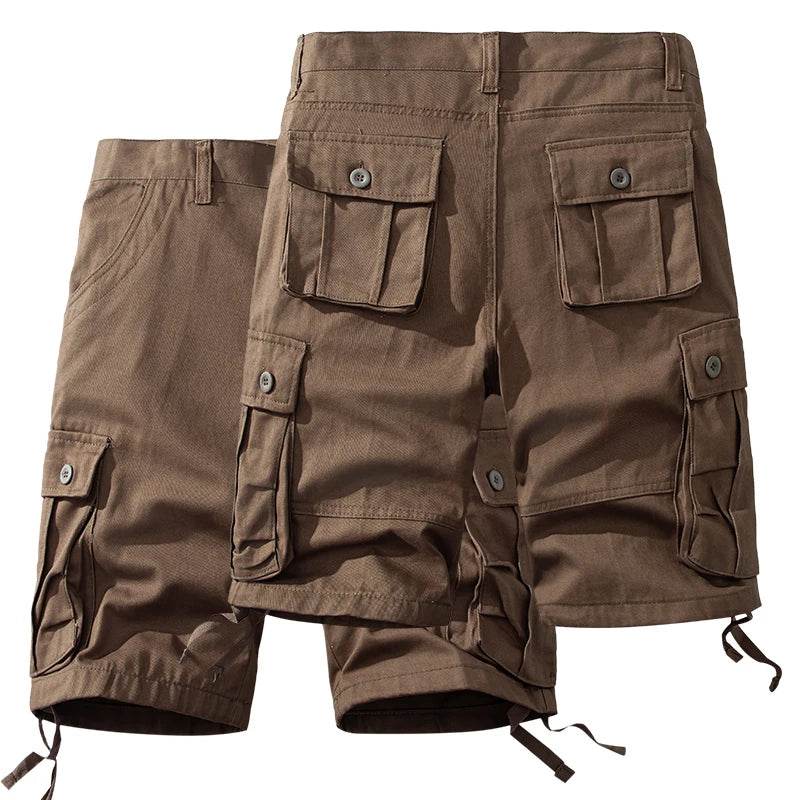Camo cotton shorts in brown with multiple pockets for outdoor activities and casual wear