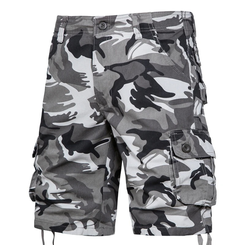 Camo cotton shorts in gray for outdoor activities or casual wear