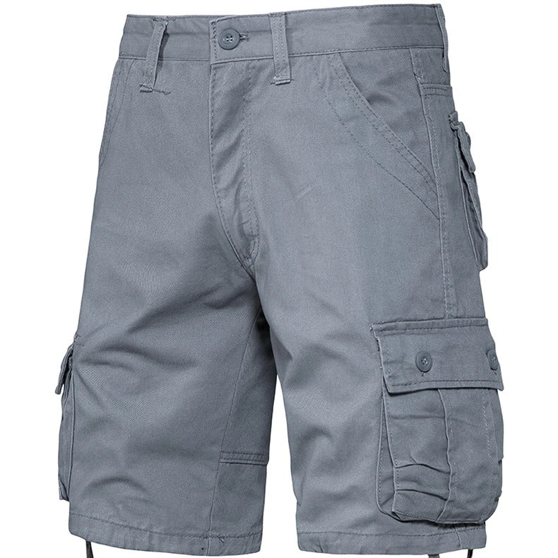 Gray camo cotton shorts with multiple pockets for outdoor activities