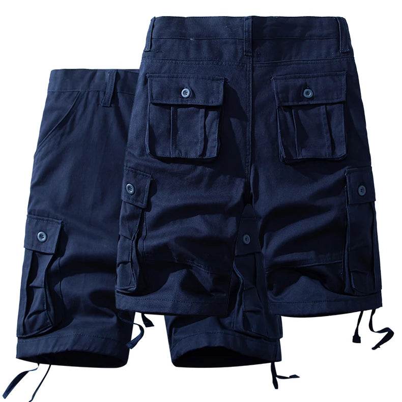 Navy camo cotton shorts with multiple pockets and adjustable drawstrings for outdoor activities