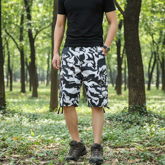 Camo cotton shorts in black and white design with multiple pockets for outdoor activities