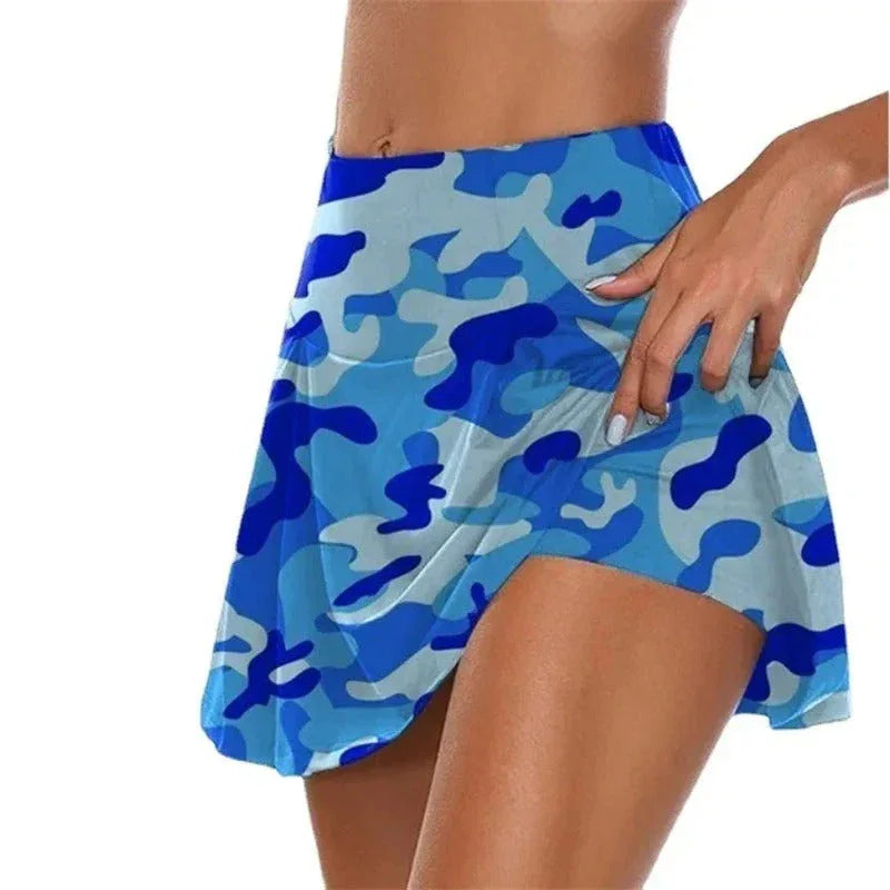 Camo culottes skirt in blue, perfect for outdoor adventures and casual wear