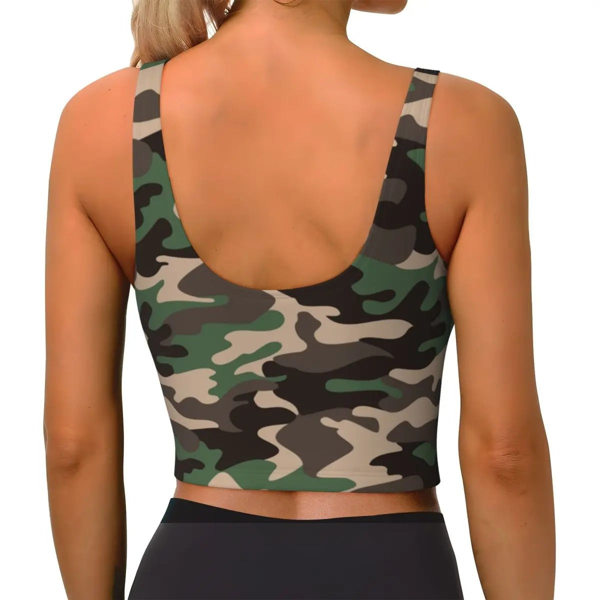 Camo sports bra in green and brown ideal for workouts and outdoor activities