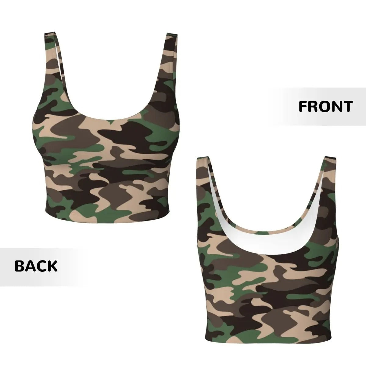Camo sports bra in green and brown for comfortable workouts