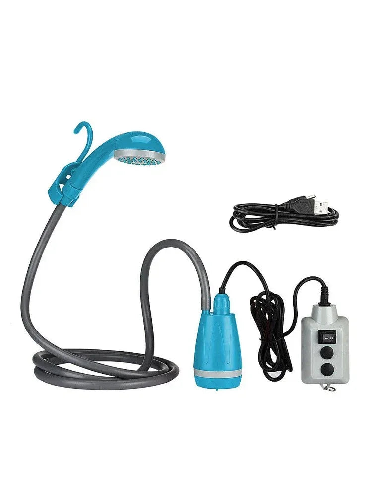 Blue high pressure camping shower with flexible hose and pump