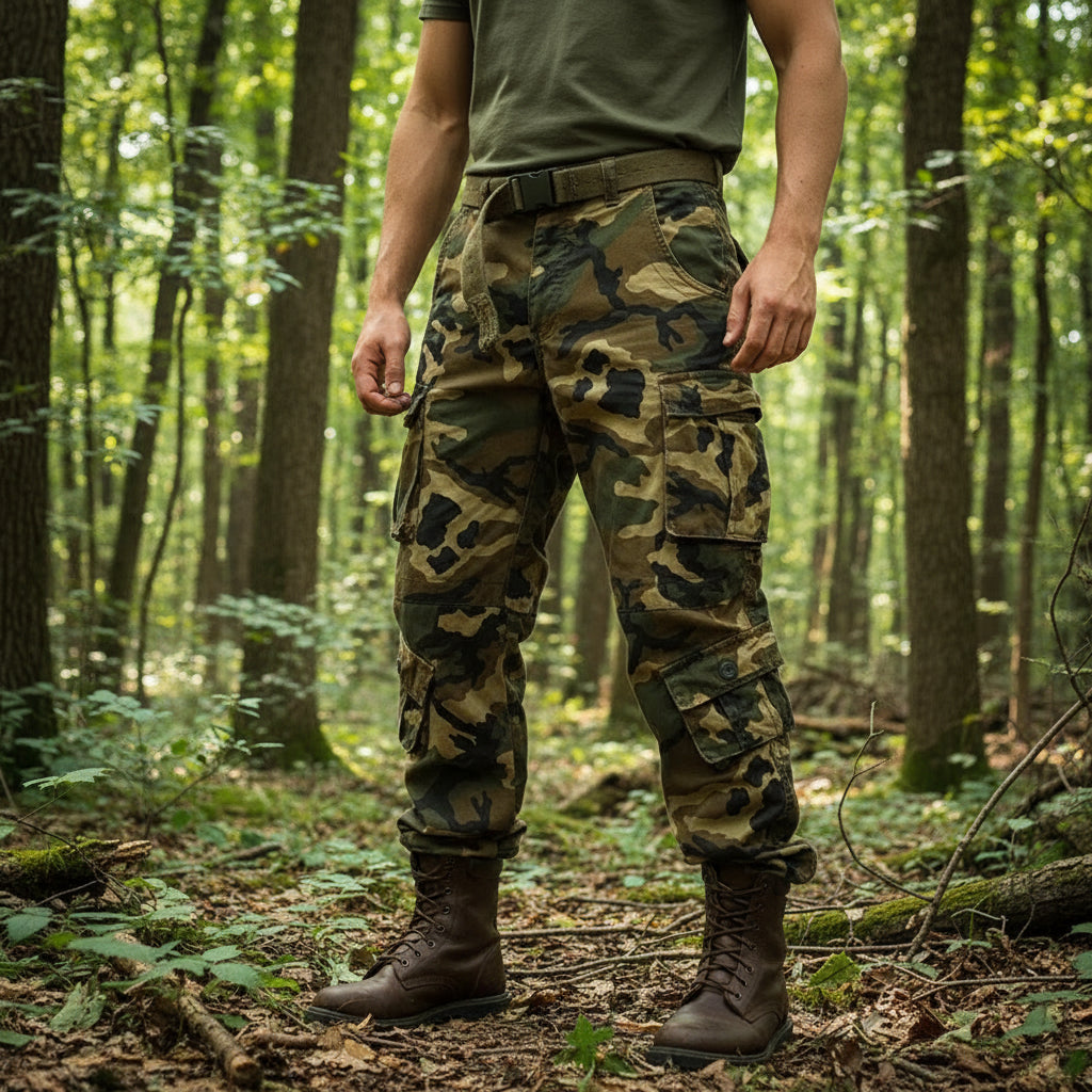 Military-Outdoors all-season outdoor pants in camouflage design with multiple pockets for versatility