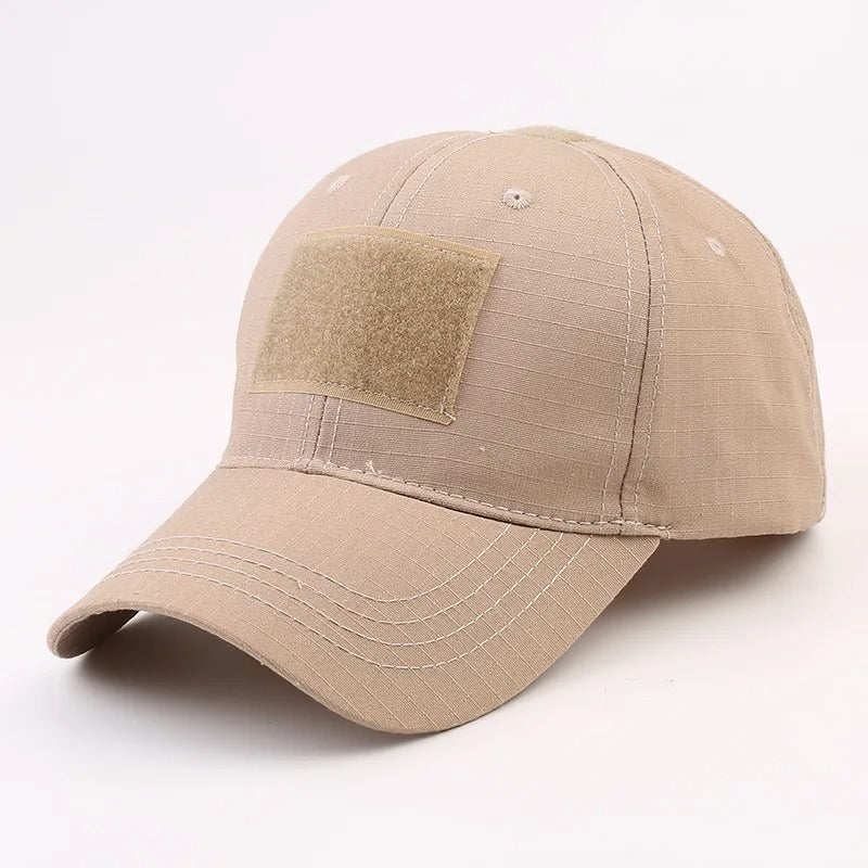 Beige camouflage baseball cap with adjustable strap for outdoor activities