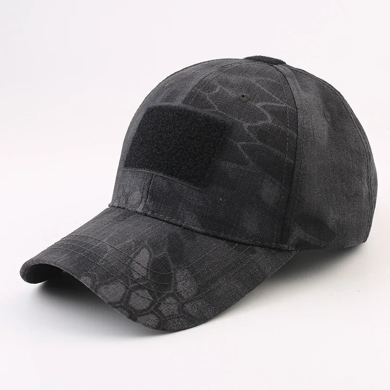 Black camouflage baseball cap with adjustable strap for outdoor activities