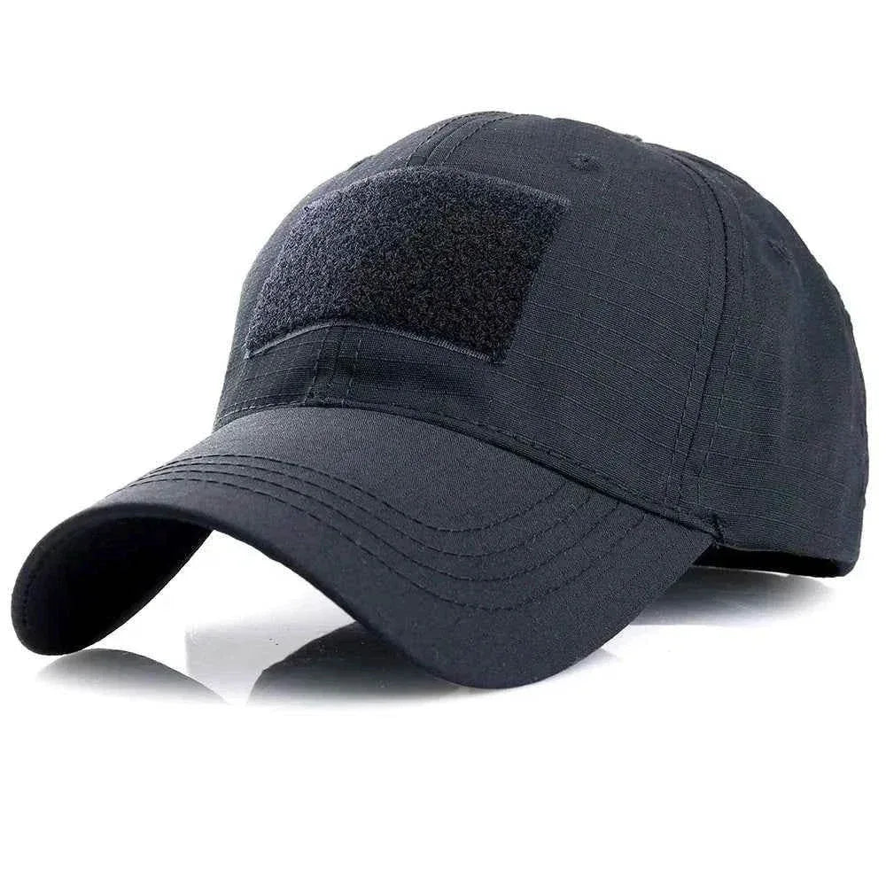 Camouflage baseball cap in black with velcro patch area for personalization