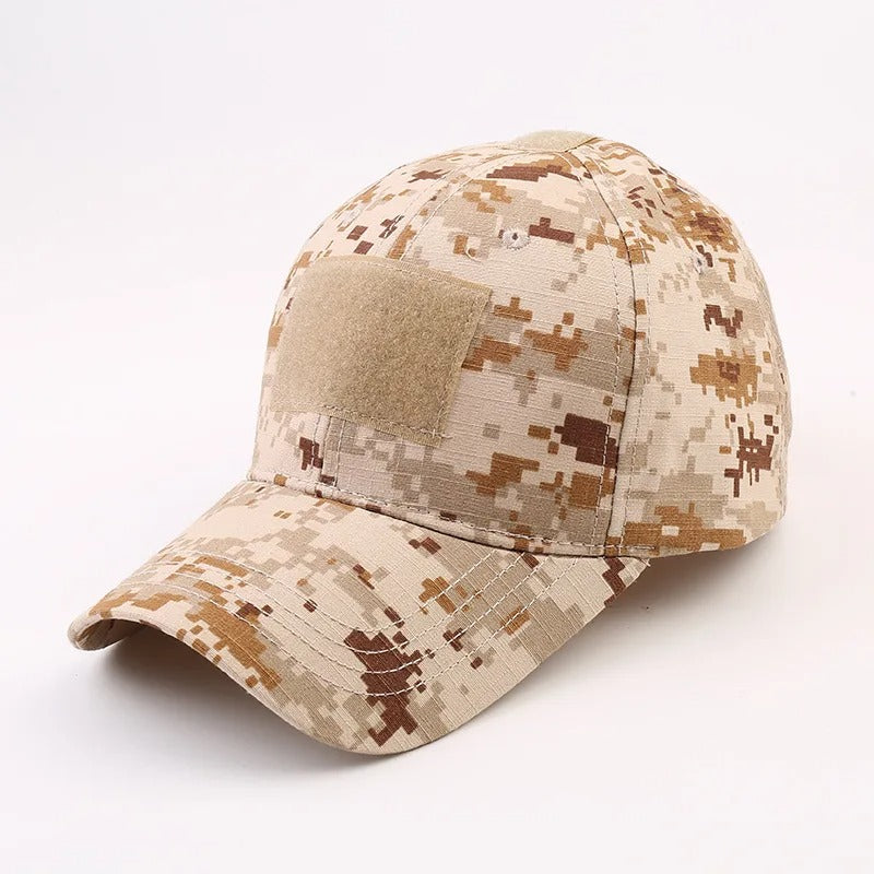 Camouflage baseball cap in tan with adjustable strap for outdoor use