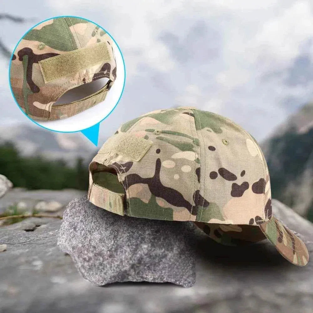 Camouflage baseball cap with adjustable strap and military design for outdoor activities