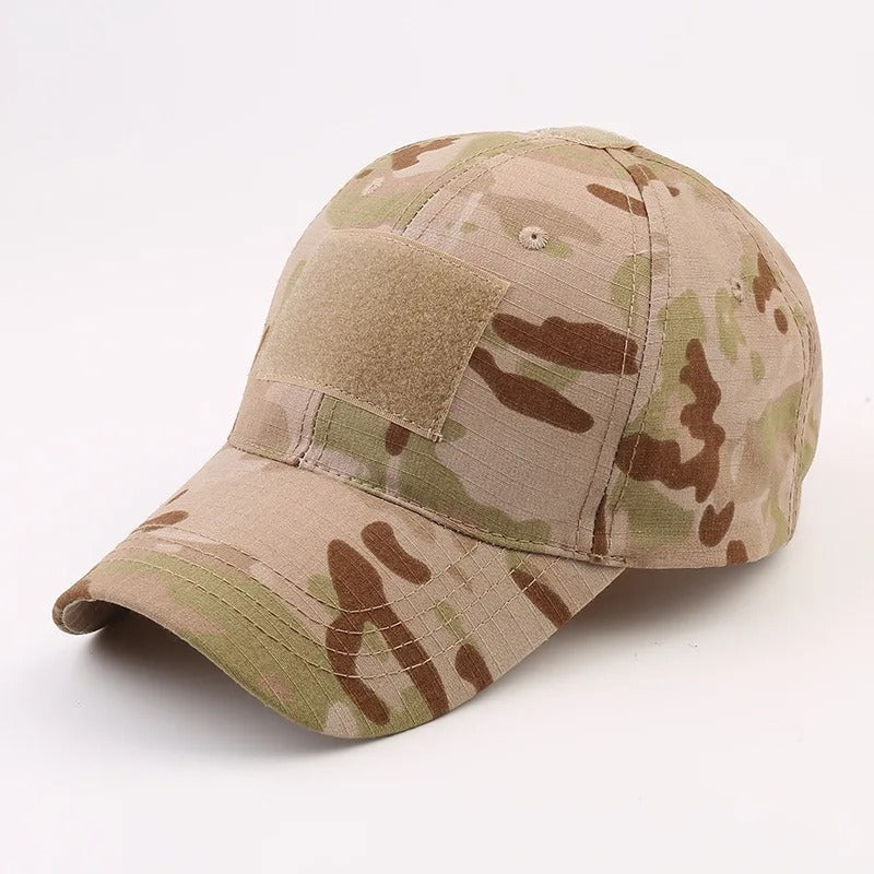 Desert camouflage baseball cap with adjustable strap for outdoor activities