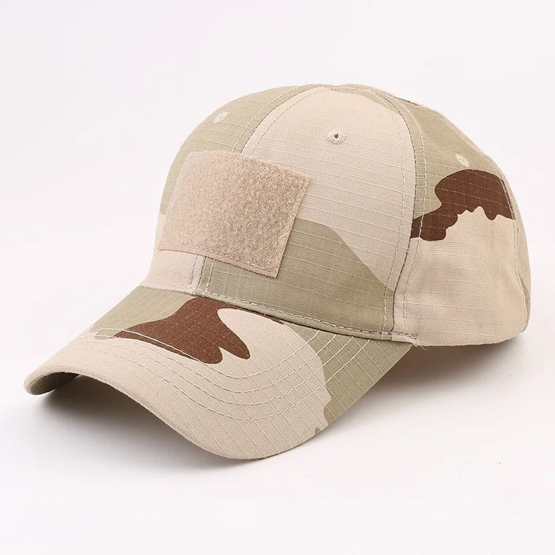 Camouflage baseball cap in tan with adjustable strap for outdoor activities