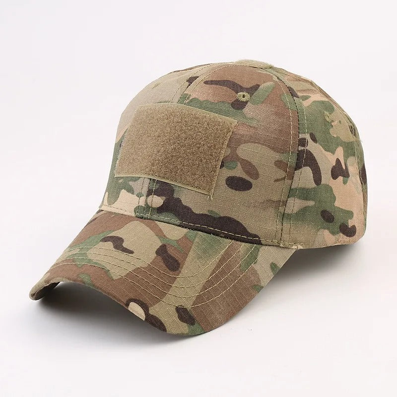 Camouflage baseball cap in multi-terrain colors with adjustable strap for outdoor activities