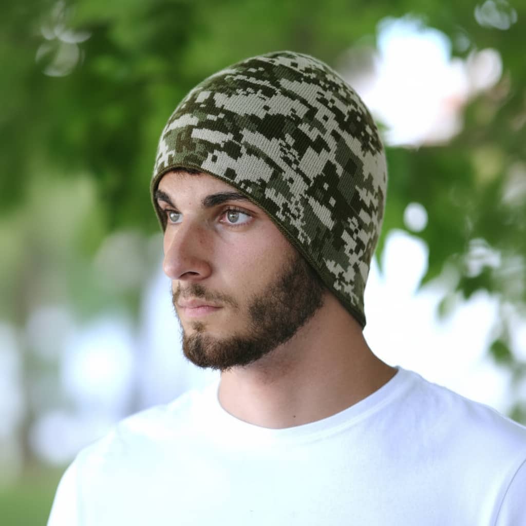 Camouflage bonnet hat in green pattern for outdoor activities