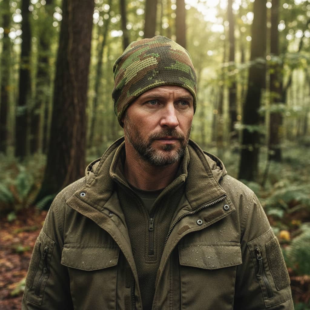 Camouflage bonnet hat for outdoor activities in forest setting