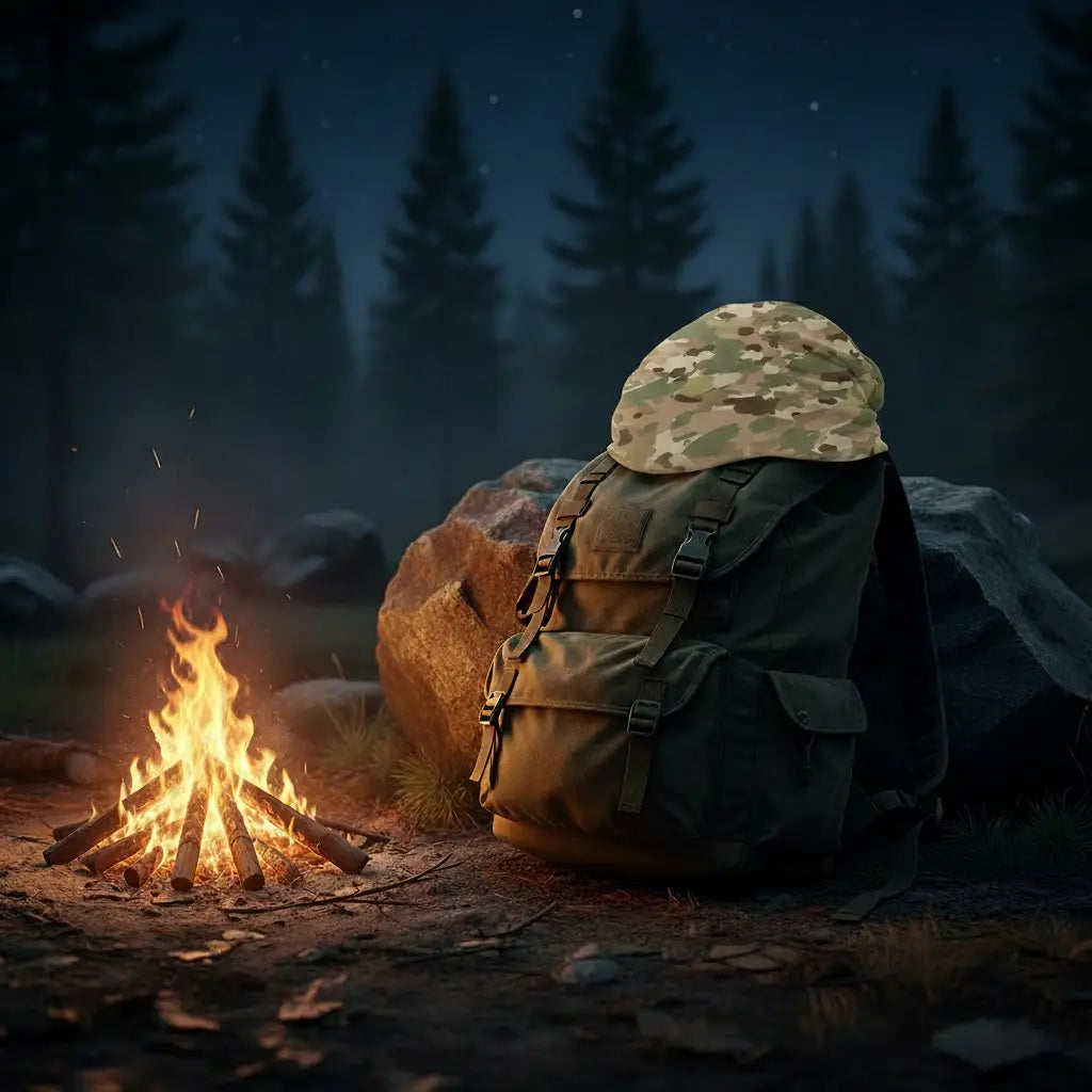 Camouflage bonnet hat on a backpack by a campfire in a forest