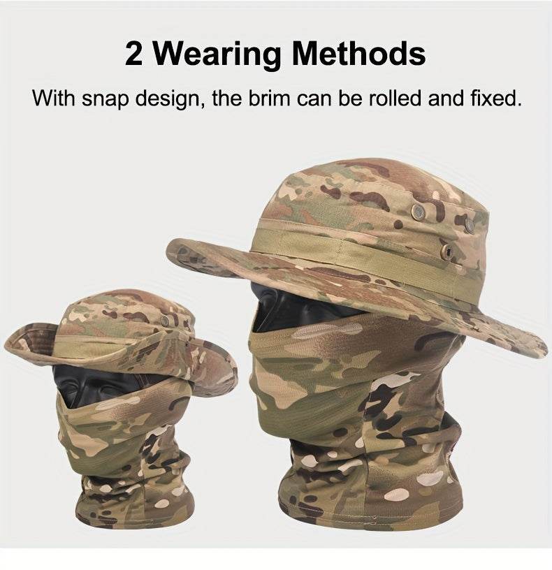 Camouflage boonie hat and mask set featuring two wearing methods with adjustable brim for versatile outdoor use