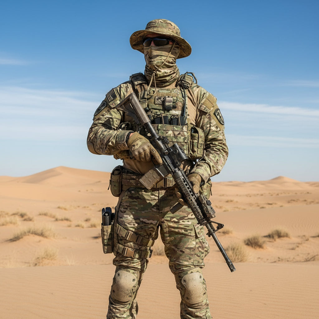 Soldier wearing a camouflage boonie hat and mask set in a desert environment with tactical gear