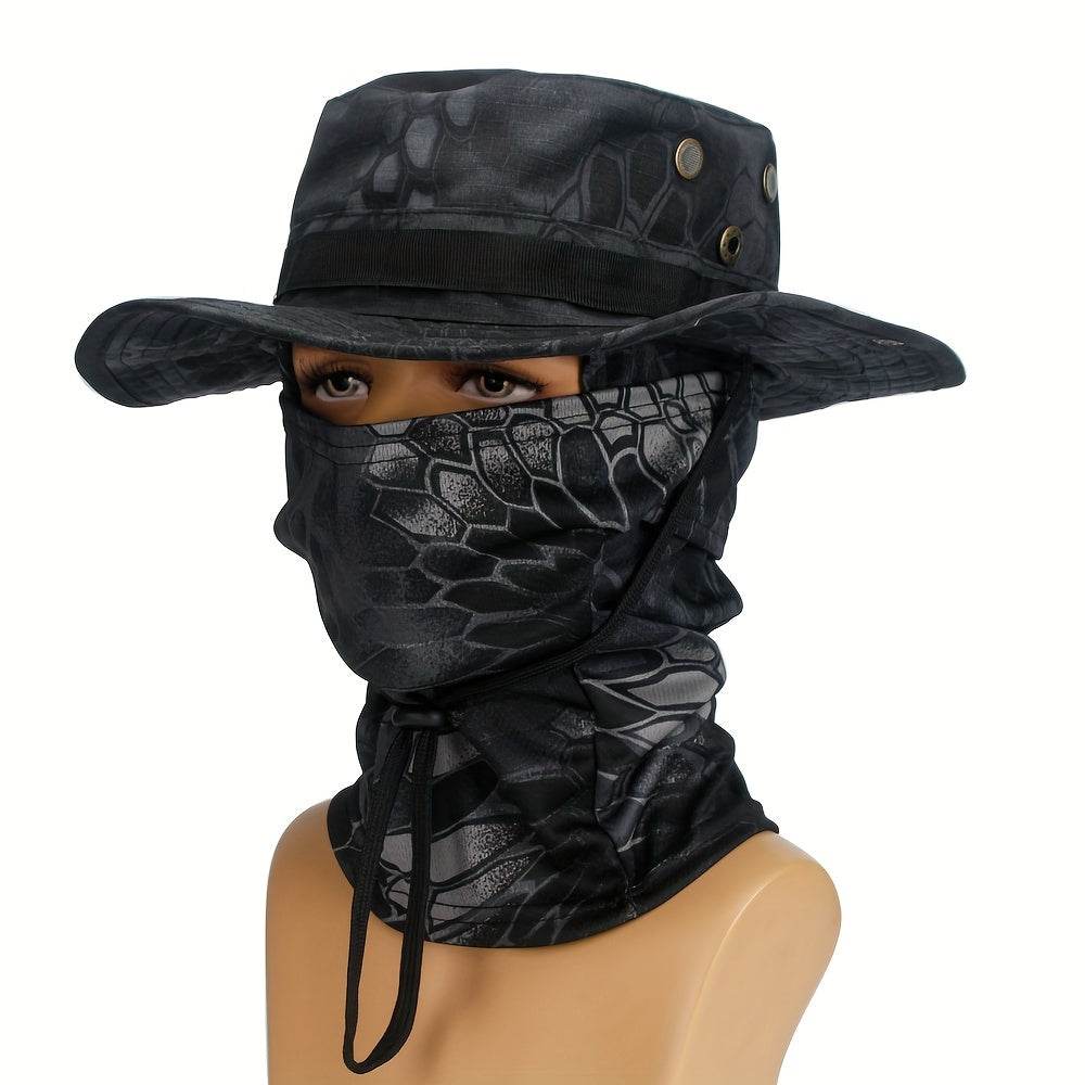Camouflage boonie hat and mask set in black for outdoor protection and style