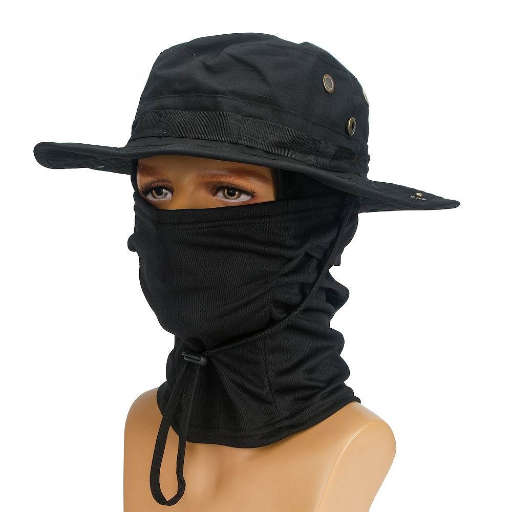 Black camouflage boonie hat and mask set for outdoor activities with adjustable strap for a secure fit