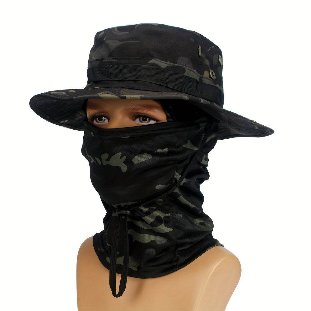 Camouflage boonie hat and mask set for outdoor adventures with breathable fabric and adjustable fit