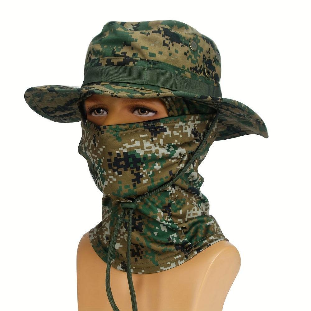 Camouflage boonie hat and mask set in green pattern for outdoor activities and sun protection