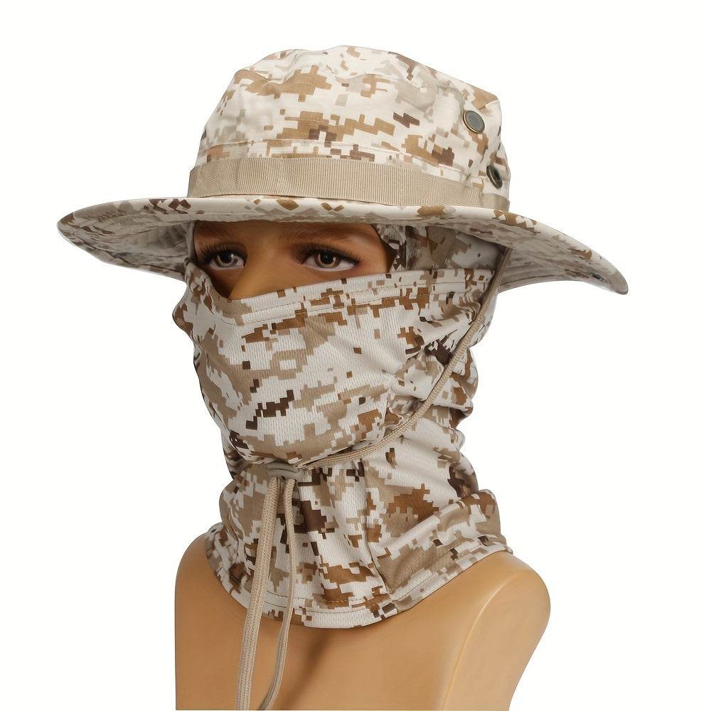 Camouflage boonie hat and mask set for outdoor activities and sun protection