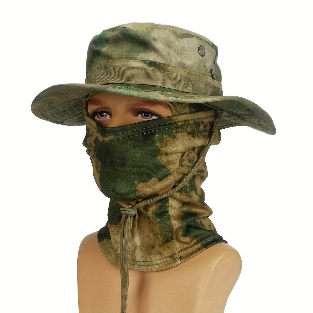 Camouflage boonie hat and mask set for outdoor activities with adjustable fitting and sun protection