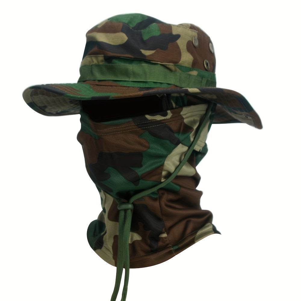 Camouflage boonie hat and mask set designed for outdoor activities and protection in various terrains