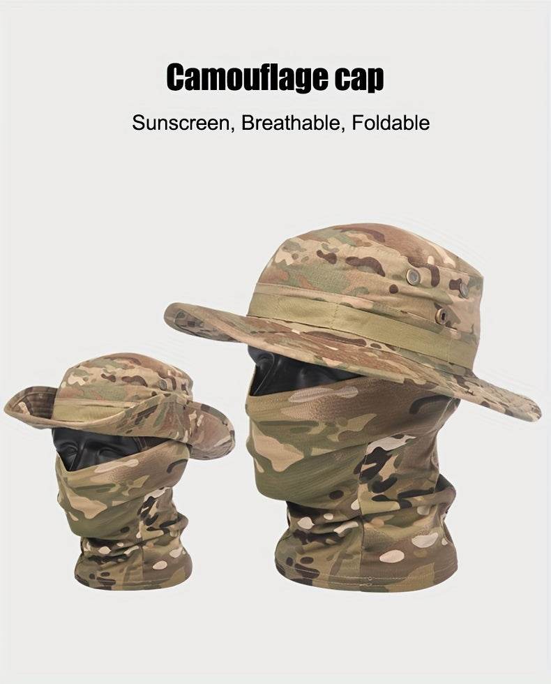 Camouflage boonie hat and mask set with breathable fabric and foldable design for outdoor activities