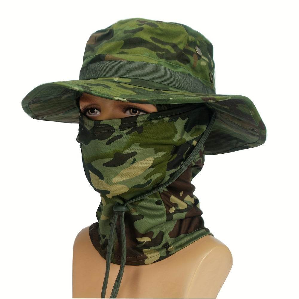 Camouflage boonie hat and mask set designed for outdoor activities with adjustable features