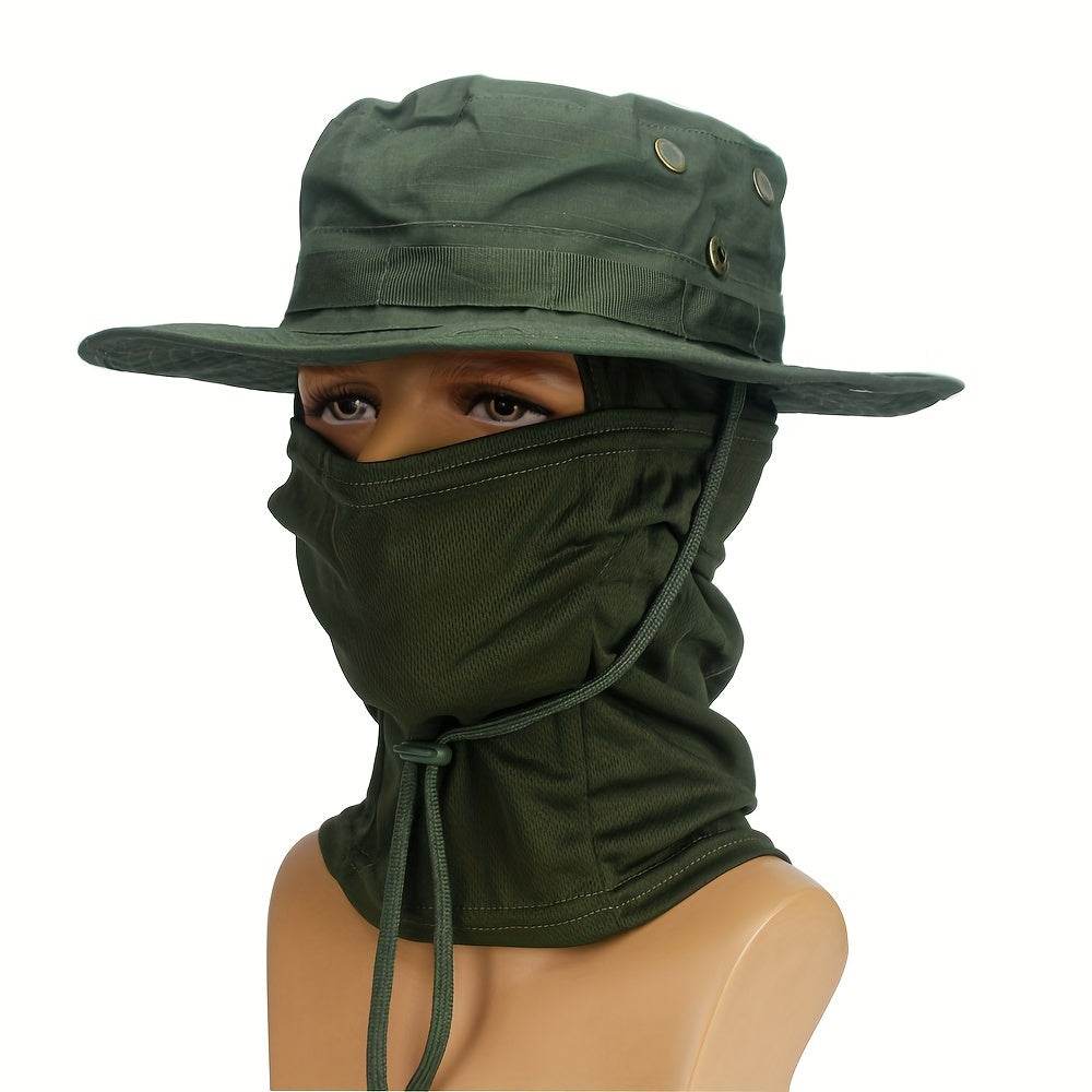 Camouflage boonie hat and mask set for outdoor activities with adjustable chin strap