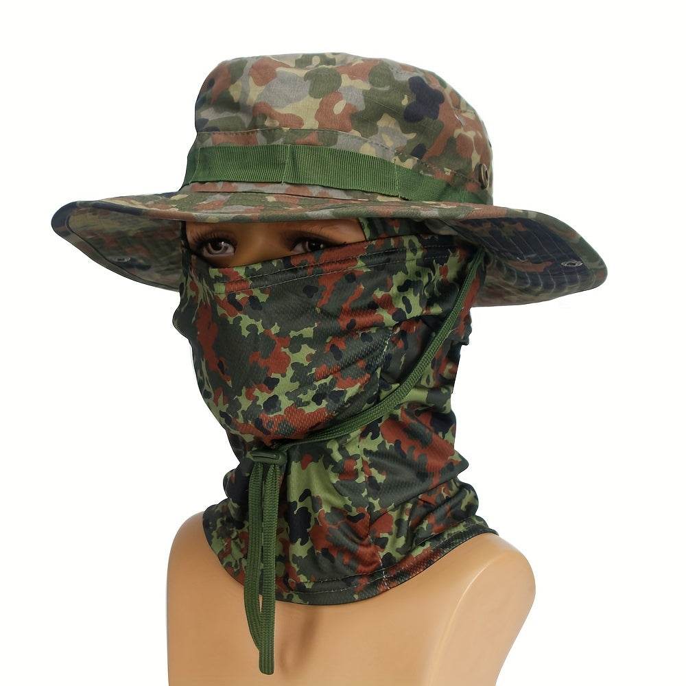 Camouflage boonie hat and mask set designed for outdoor activities and sun protection