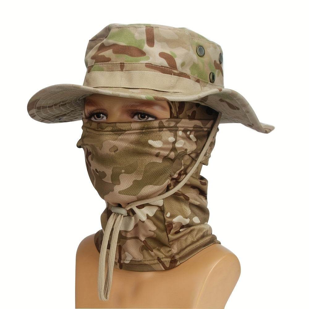 Camouflage boonie hat and mask set with adjustable straps for outdoor activities
