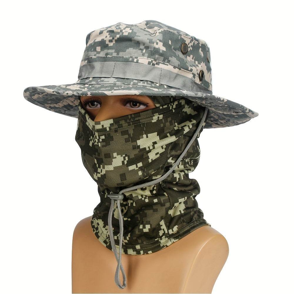 Camouflage boonie hat and mask set with adjustable chin strap for outdoor activities