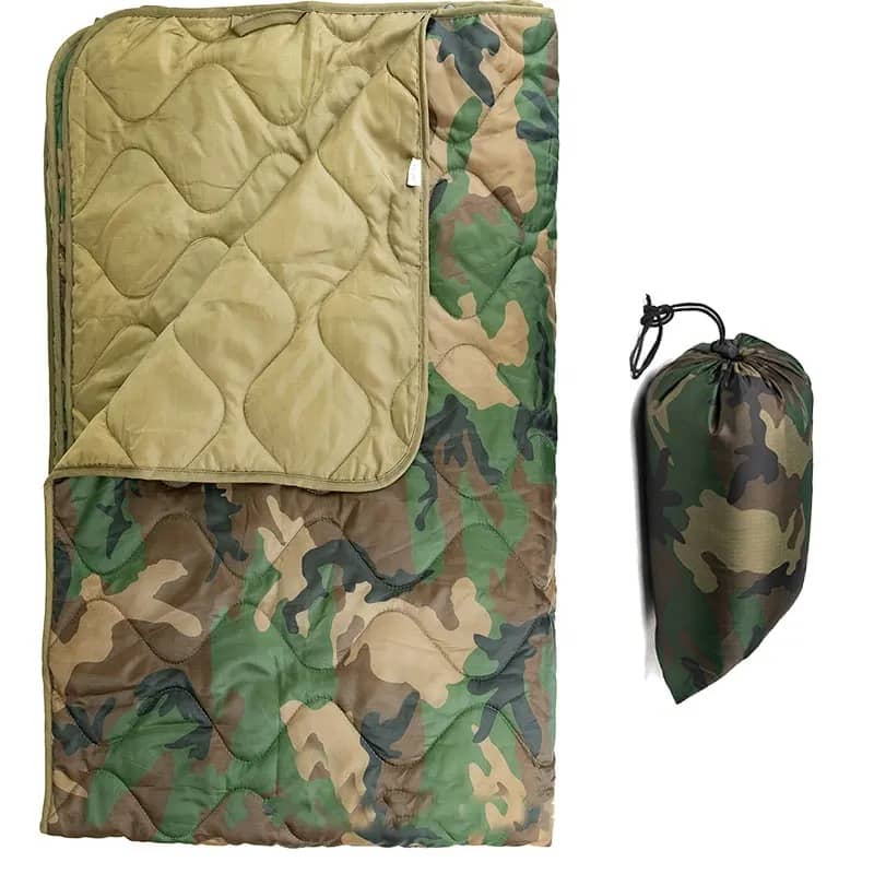 Camouflage camping blanket in green and brown with portable storage bag