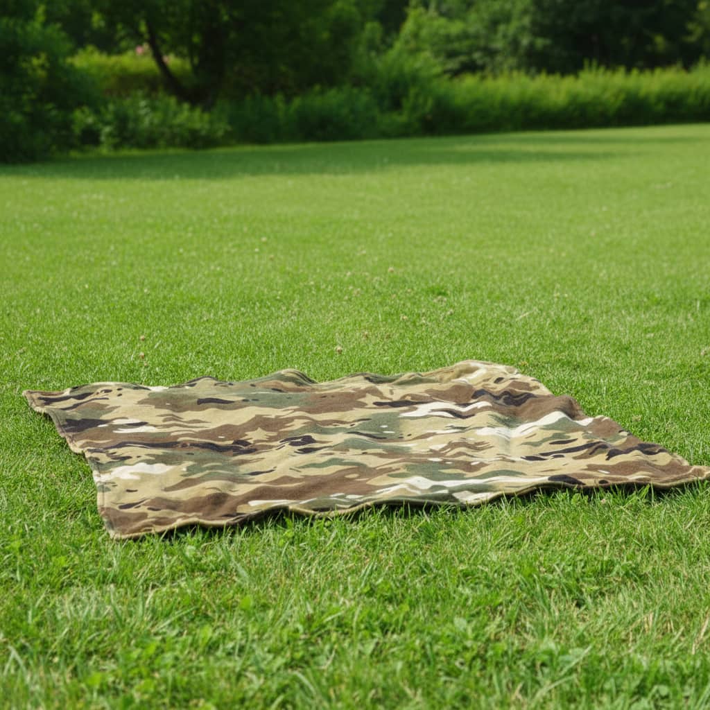 Camouflage flannel blanket laid out on grass for outdoor use