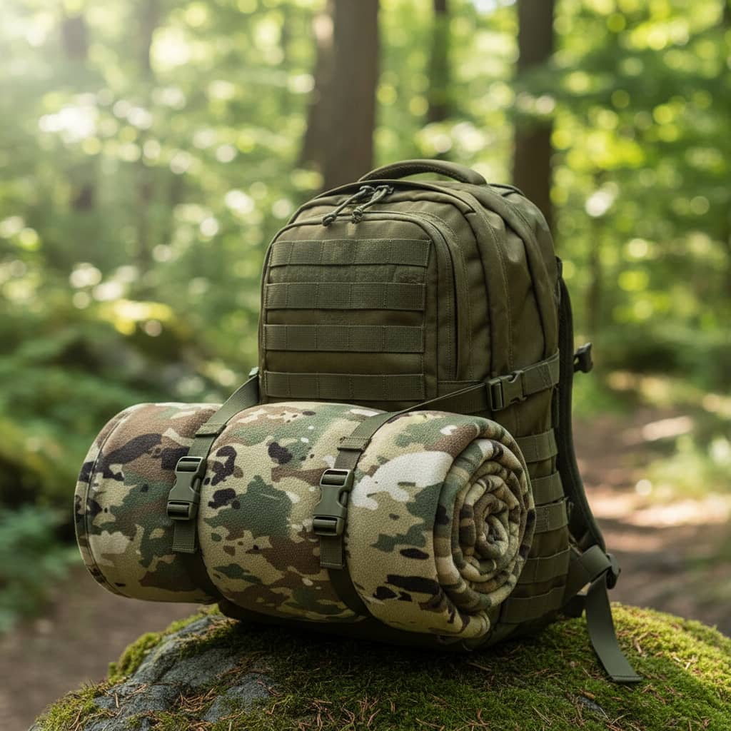 Rolled camouflage flannel blanket attached to an outdoor backpack