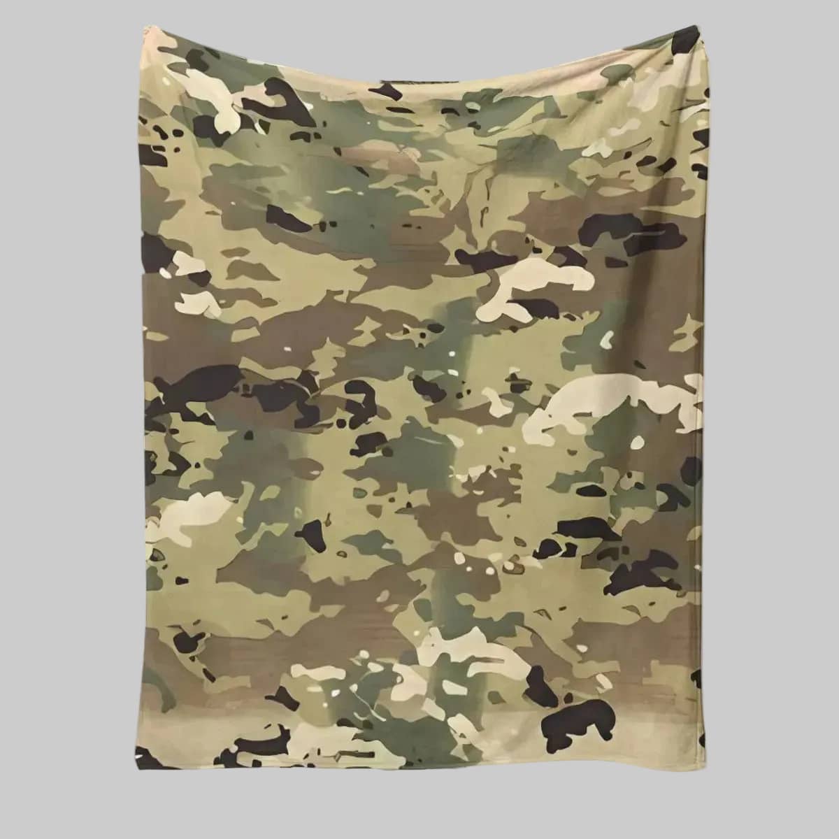Full camouflage flannel blanket displayed against a gray background