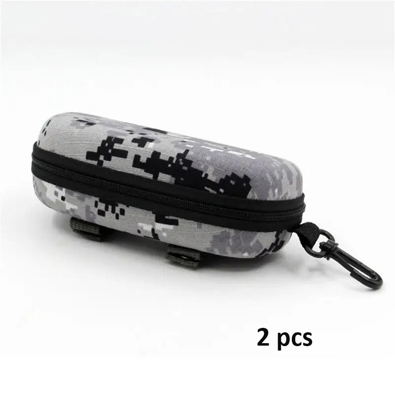 Camouflage glasses case with zipper and clip for secure storage