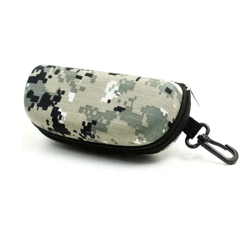 Camouflage glasses case with zipper and clip for outdoor storage