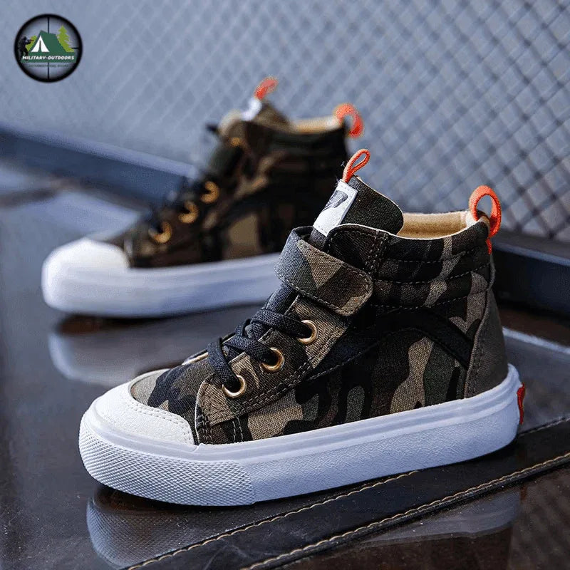 Camouflage high-top sneakers for kids with adjustable strap and rubber sole