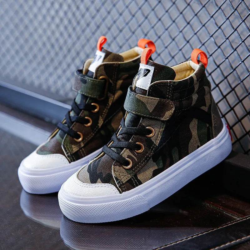 Camouflage high-top sneakers for kids with adjustable strap and orange accents
