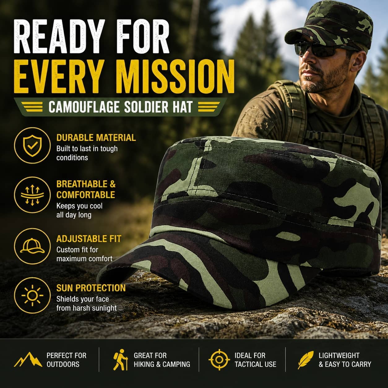 Camouflage outdoor cap for rugged conditions with adjustable fit and sun protection