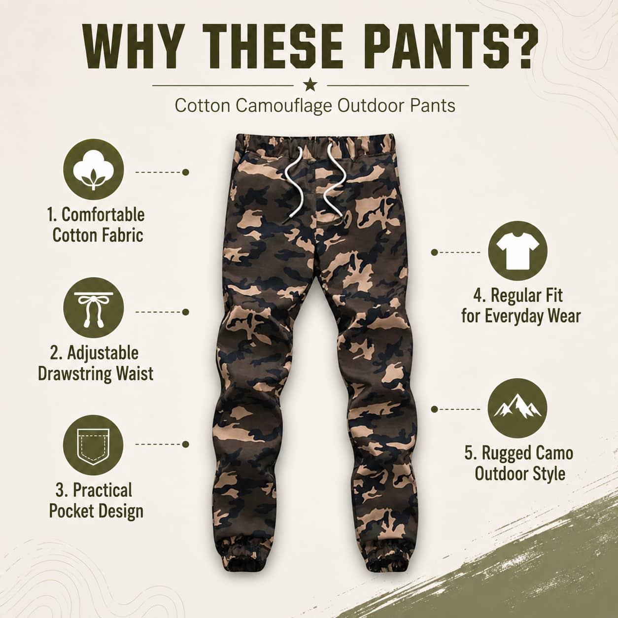 Cotton camouflage outdoor pants with adjustable drawstring for outdoor comfort