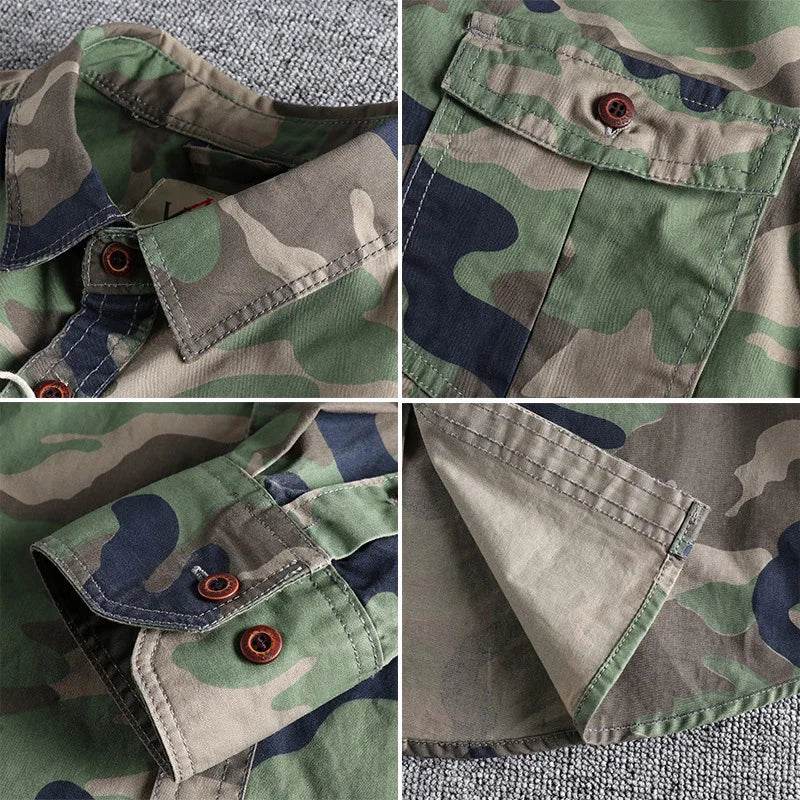 Camouflage outdoor shirt in green with chest pockets for rugged outdoor use