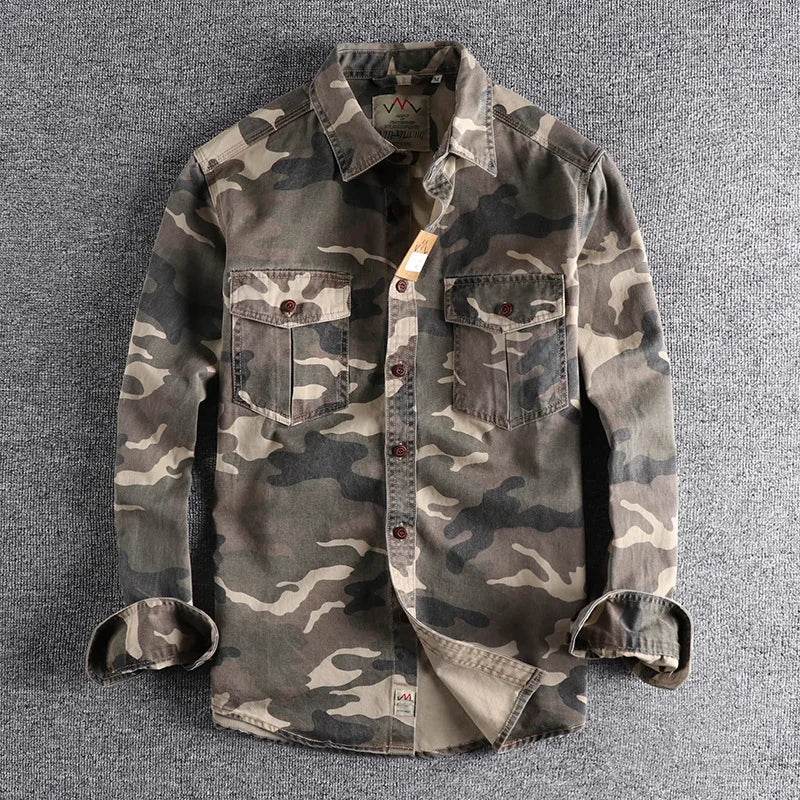 Camouflage outdoor shirt in green and beige for rugged outdoor wear