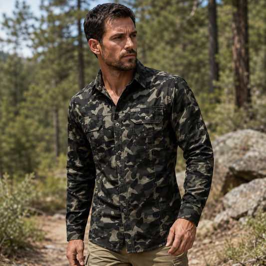 Camouflage outdoor shirt for rugged outdoor activities in forest setting