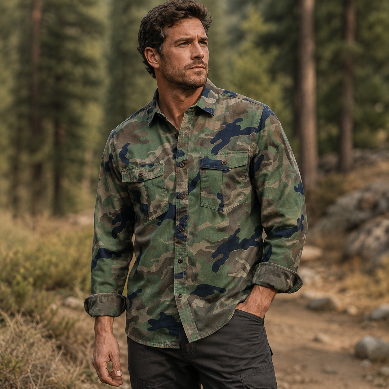Camouflage outdoor shirt in green, perfect for hiking and outdoor activities